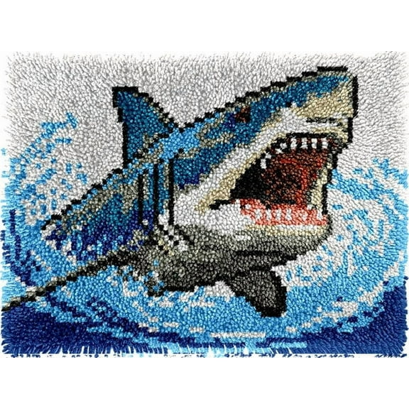 DIY Latch Hook Rug Kits Shark DIY Cushion Tapestry Making Crochet Hooking Mat Making Kits With Printed Pattern Canvas DIY Carpet Needlework Kits of Home Decor 52x38cm (f55)