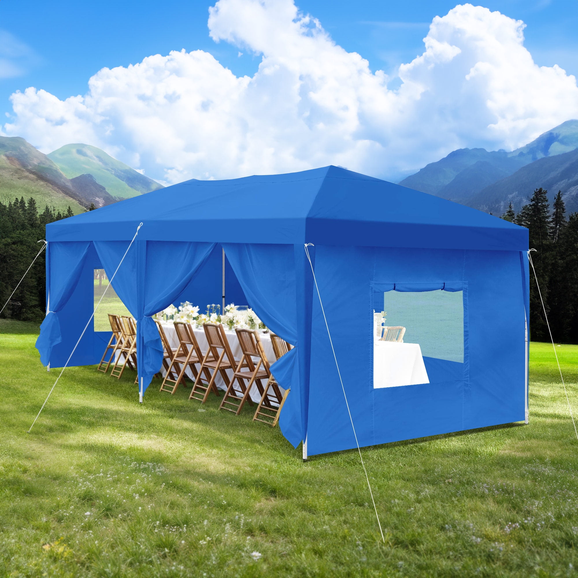 Uforic 10x20FT Blue Outdoor Pop-Up Canopy Tent, Steel Frame, Oxford Fabric, 6 Side Curtains, Adjustable Height