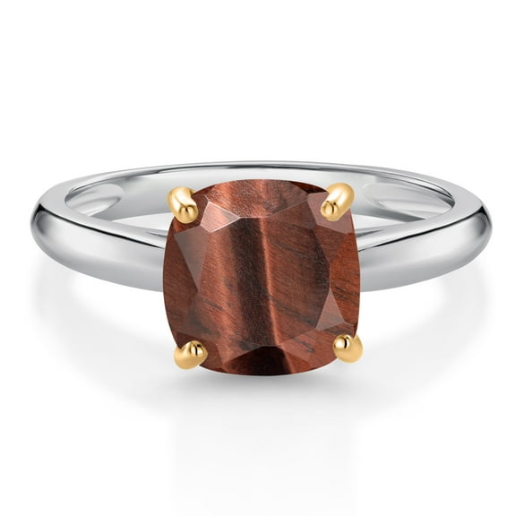 Gem Stone King 925 Sterling Silver and 10K Yellow Gold Red Tiger Eye Solitaire Engagement Ring for Women (2.00 Cttw, Cushion 8MM, Gemstone Birthstone, Size 8)