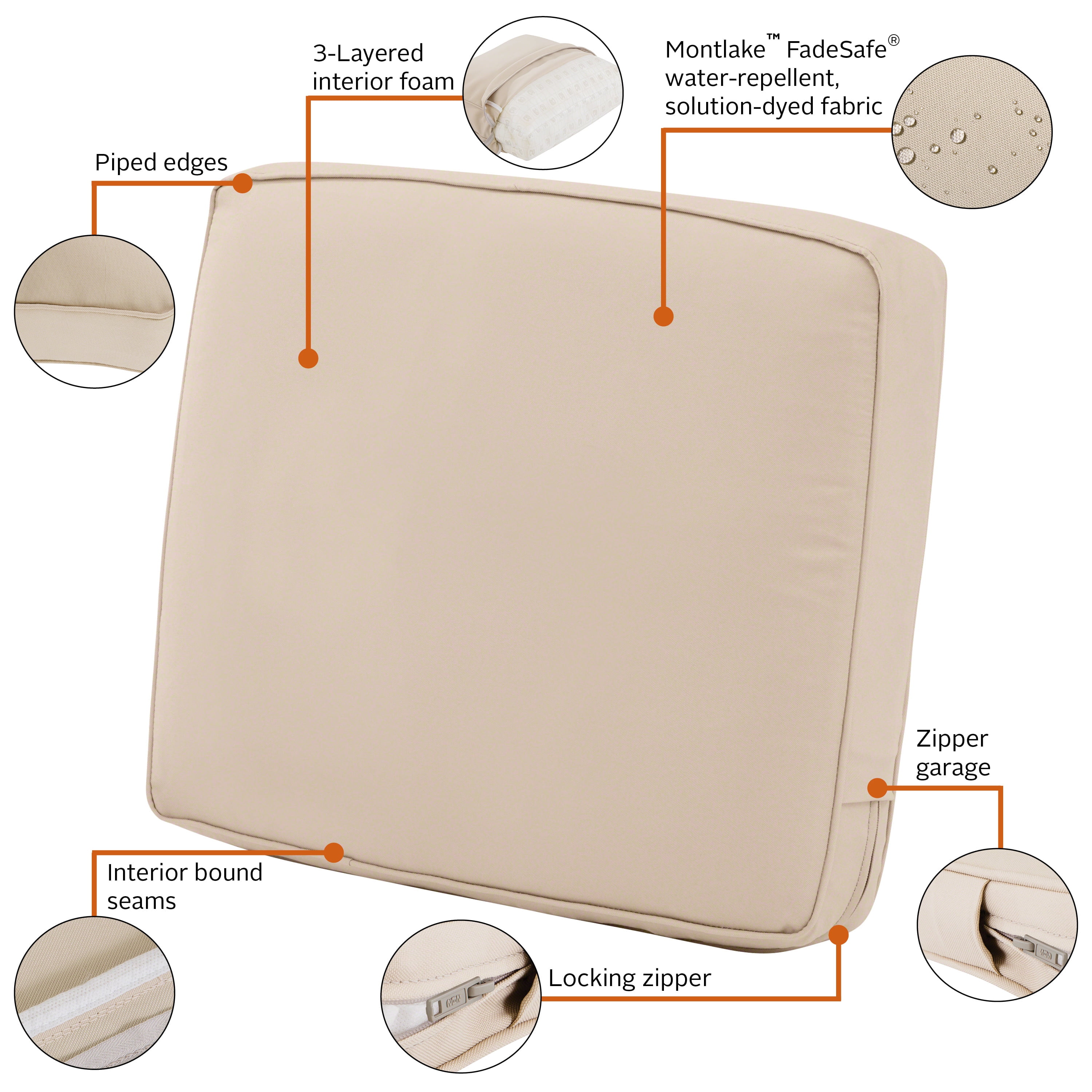 Classic Accessories Montlake Water-Resistant 23 x 20 x 4 Inch Patio Lounge Back Cushion, Antique Beige
