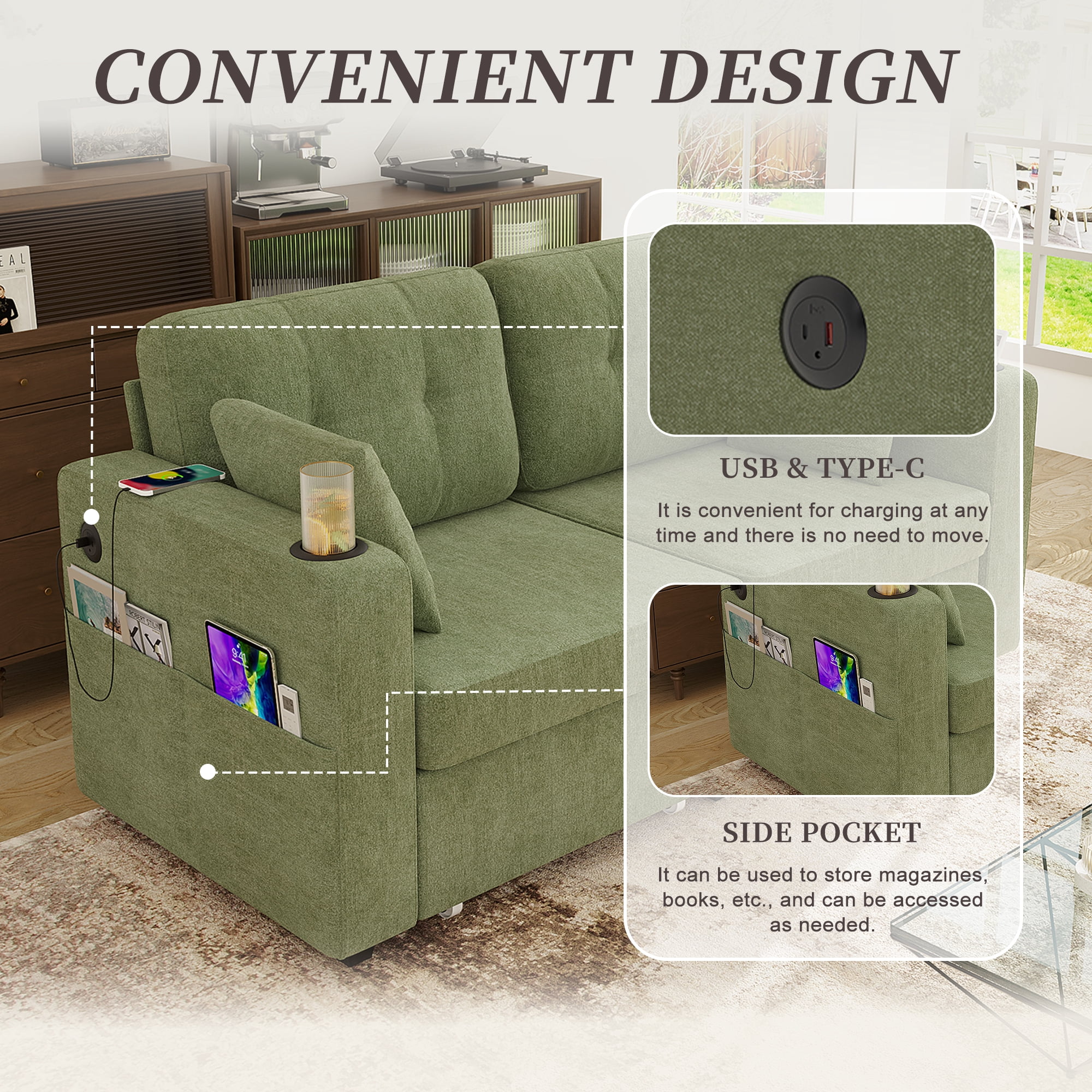 68" Chenille Two Seater Couch, Living Room Loveseat with Usb Charging, Upholstered Loveseat with Storage for Living Room, Olive