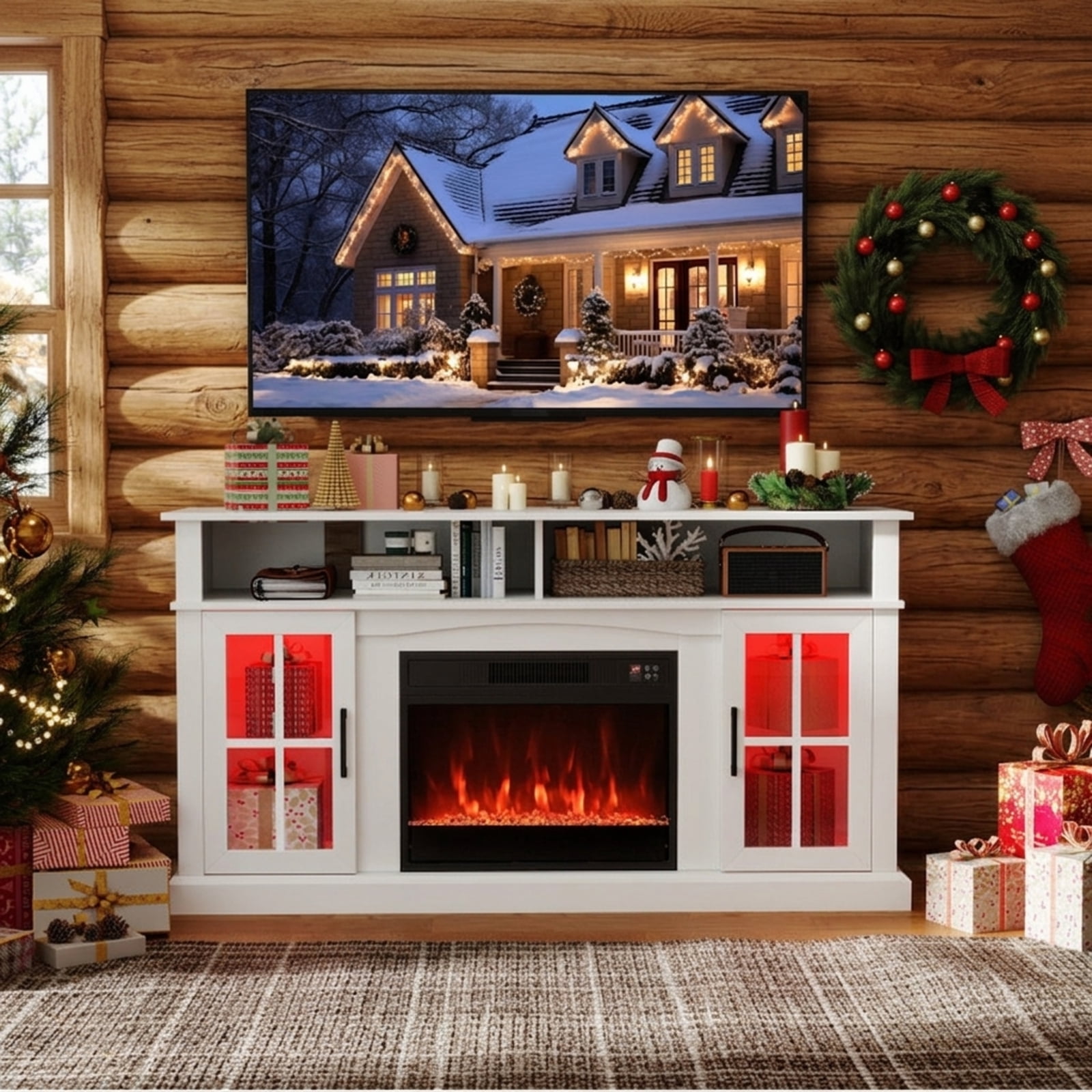 Furnibear 58 Inch Fireplace TV Stand Entertainment Center with LED Lights Storage Cabinets and Tempered Glass Doors for Living Room, White