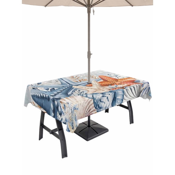Outdoor Tablecloth with Umbrella Hole and Zipper, Orange Blue Starfish Coastal Rectangle Table Cloth 60x120 Inch Waterproof Tablecloth, Summer Beach Eucalyptus Vintage Picnic Table Cover for Patio