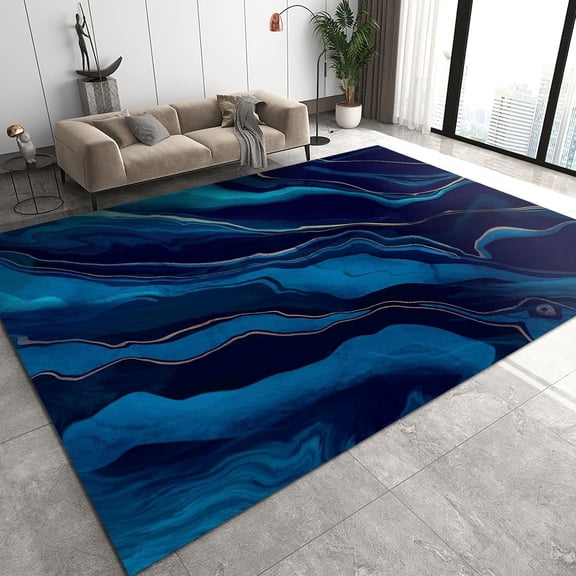 Blue Abstract Marble Rug, Fluid Art Floor Carpet, Soft Washable Non-Slip Modern Indoor Outdoor Decorate Living Room Rug for Kitchen Bedroom Dining Room Studio 2ft x 3ft