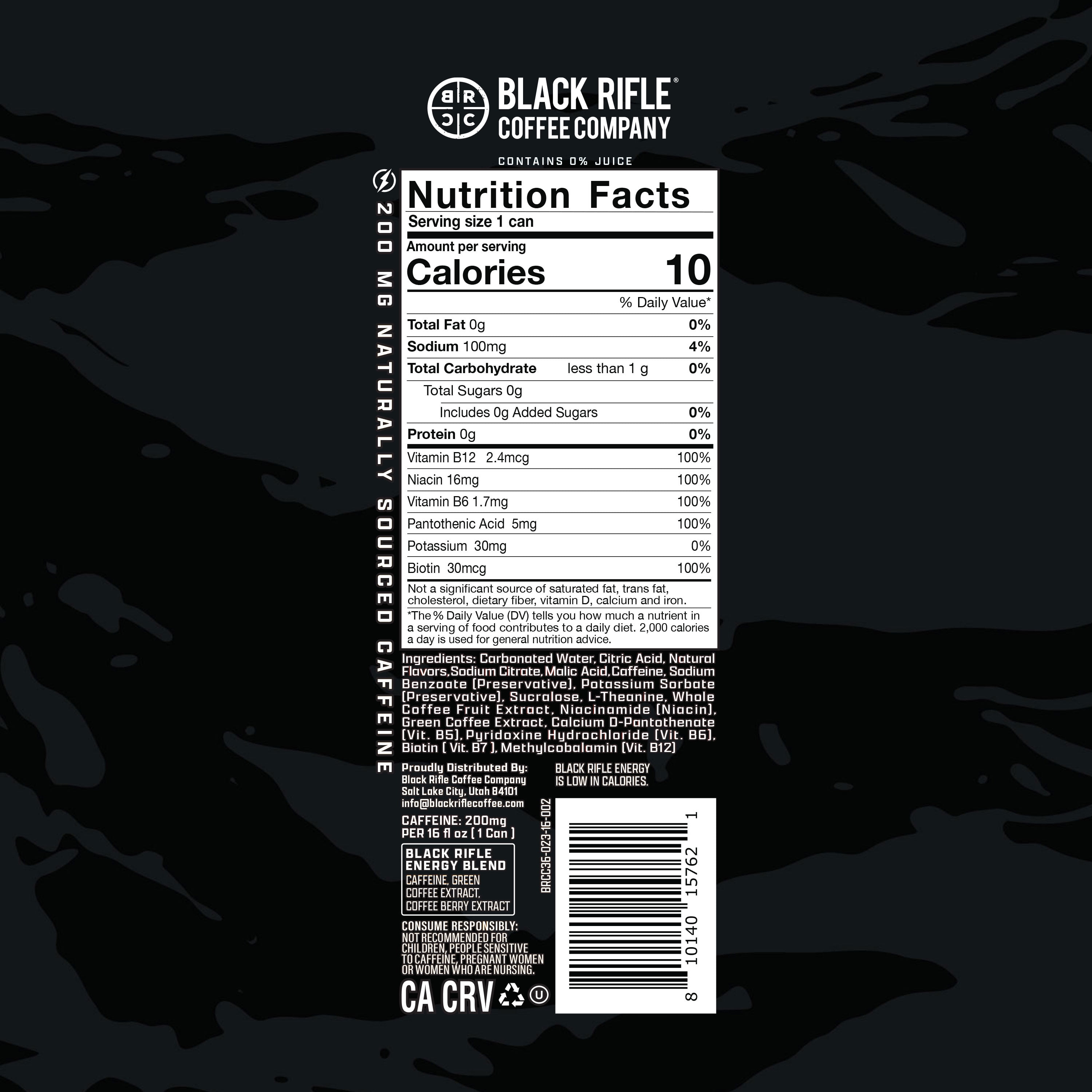 Black Rifle Energy Wild Frost Zero Sugar Energy Drink, 200mg Caffeine, 16 fl oz (Pack of 12)