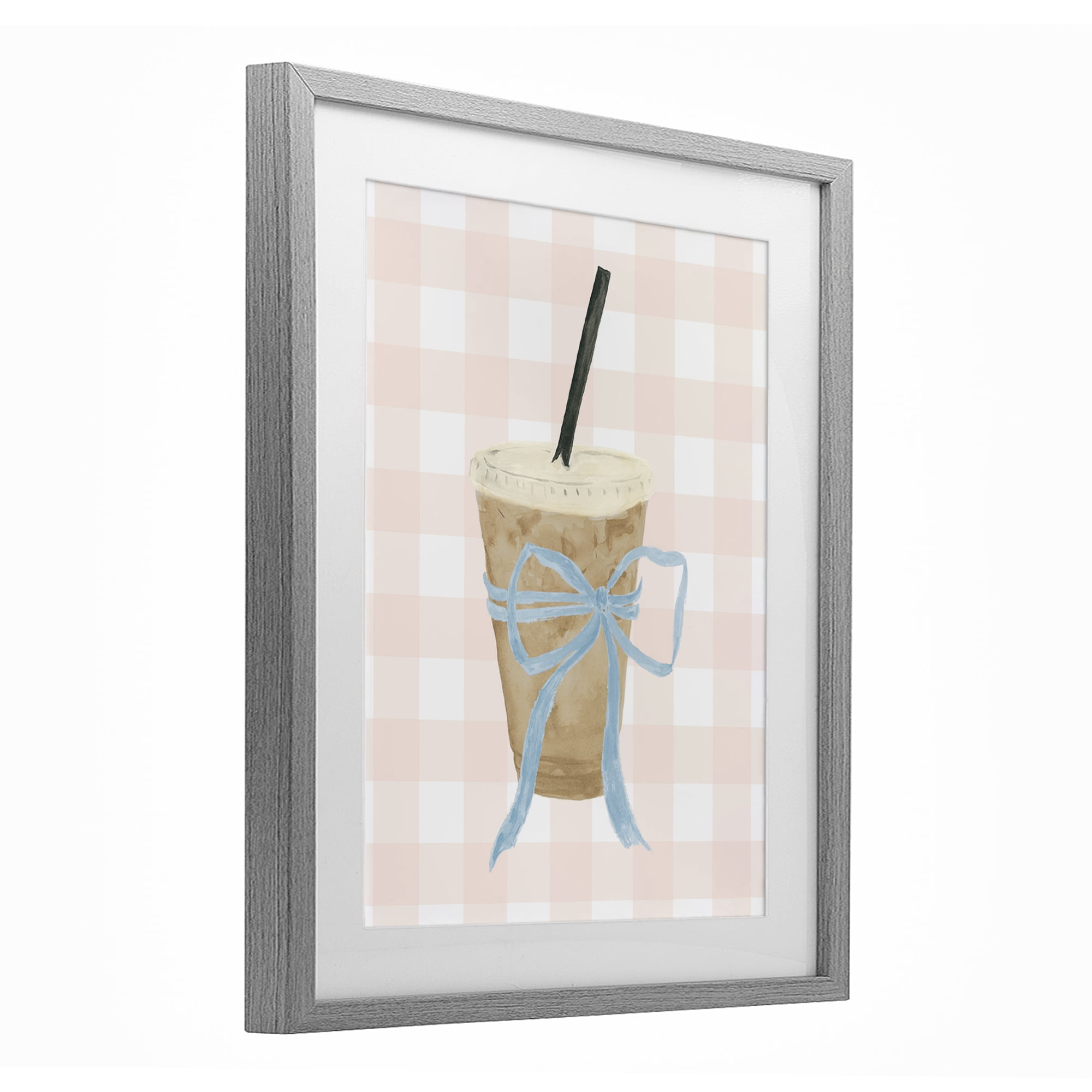 Stupell Industries Iced Coffee on Gingham Gray Framed Print Under Glass, design by Lucille Price
