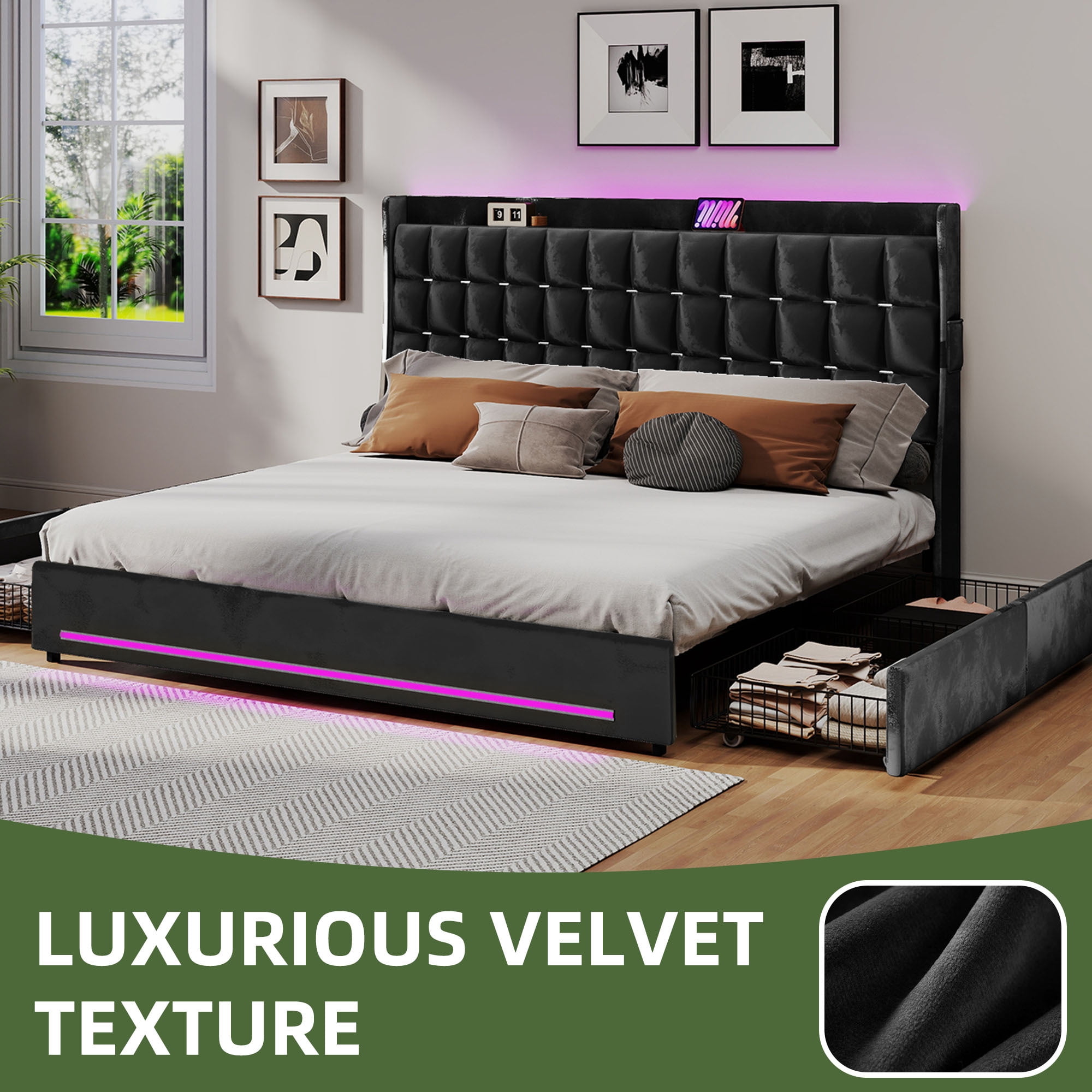 Uforic Upholstered Bed Frame with Charging Station & Drawers, King Size Bed Frame with LED Lights, Black