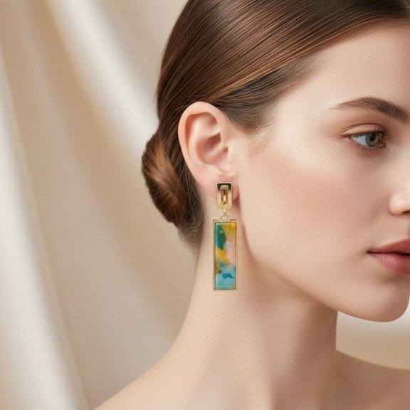 Clip on 2" gold, orange and turquoise long square stone earrings