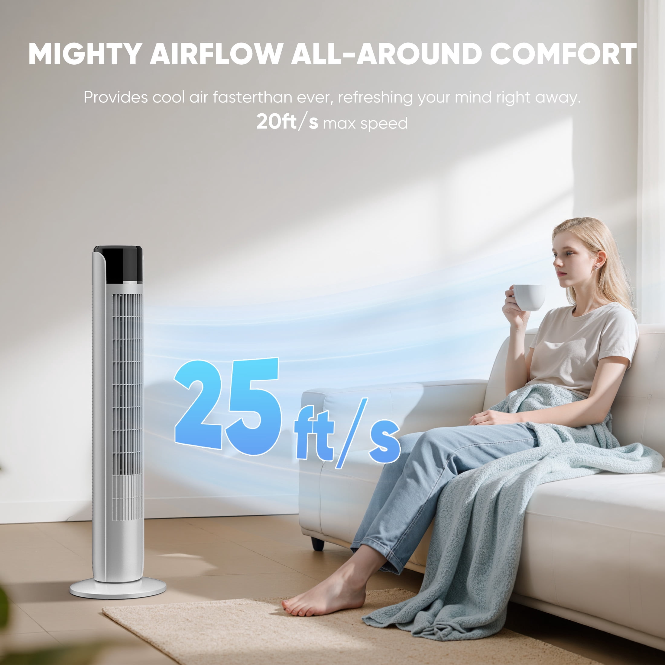 CONCETTA Quiet Tower Fan for Bedroom, Bladeless Design, 20ft/s Speed, 5 Speeds, 12H Timer, Oscillating，Grey