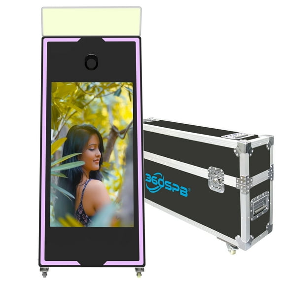65" Black Magic Mirror Photo Booth Machine with 43" Touch Screen, Software APP Remote Control, Professional Photogra,Flight Case with four Moving Wheels |360SPB®