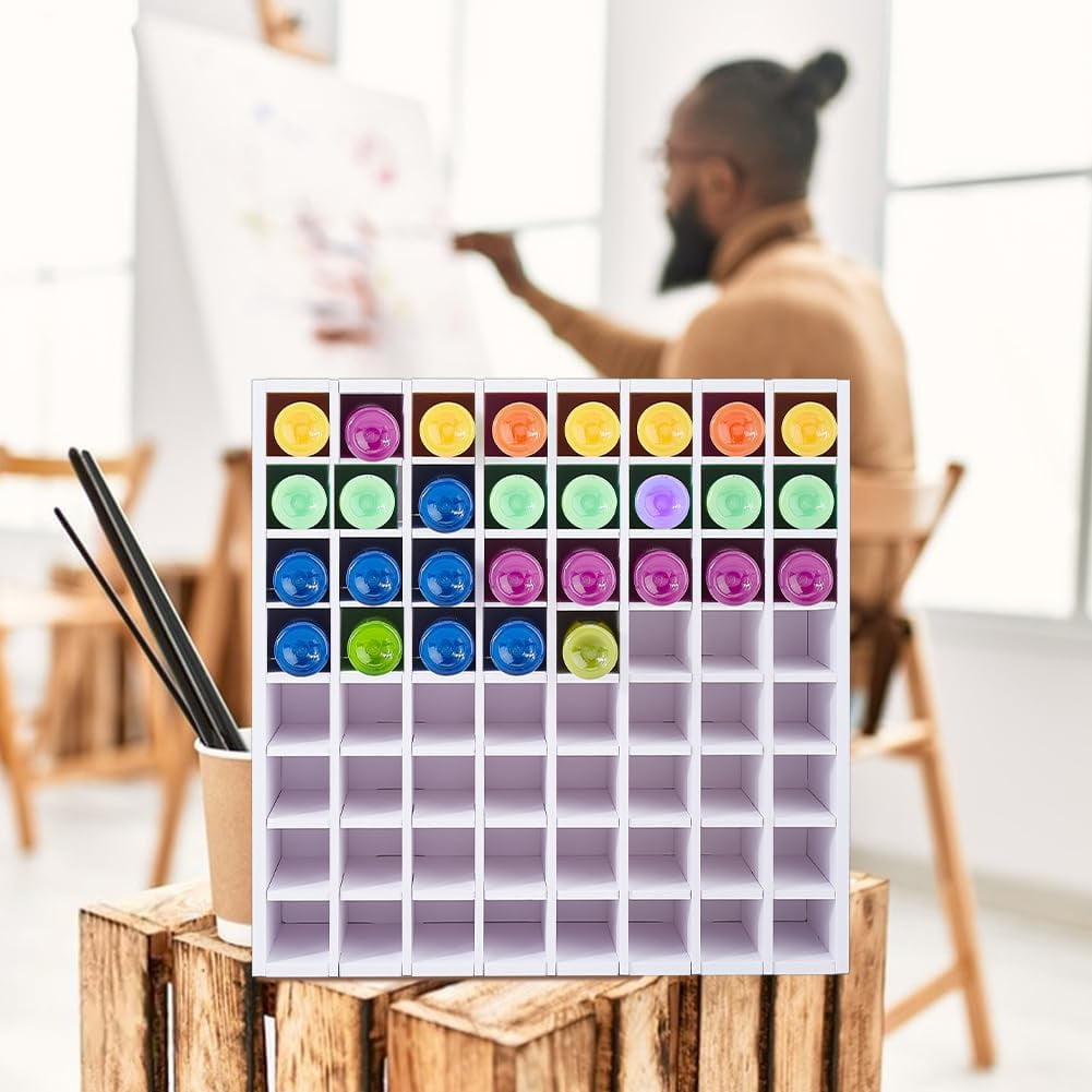 64 Grids White Paint Organizer 13×3.5×13 Inch Paints Storage Holder Plastic Vertical Paint Rack Stand Paints Bottle Organizer for Artists Craft Supply Storage Artwork Drawing Painting