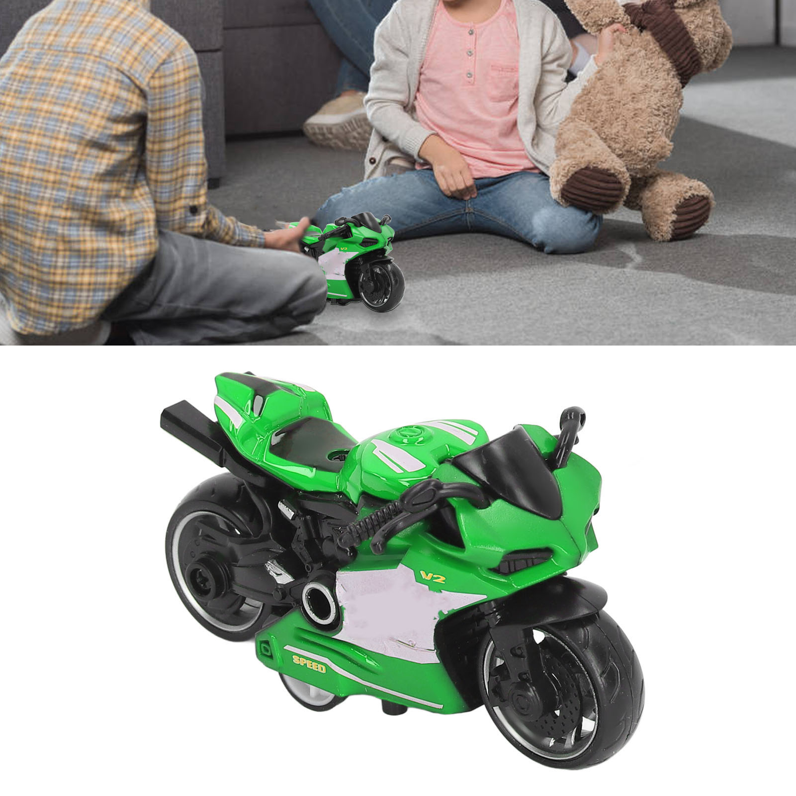 2 Motos Jouets En Alliage - Vert Irisé Et Bleu - Modèles Réalistes Avec Roues Pivotantes - Cadeau Enfant