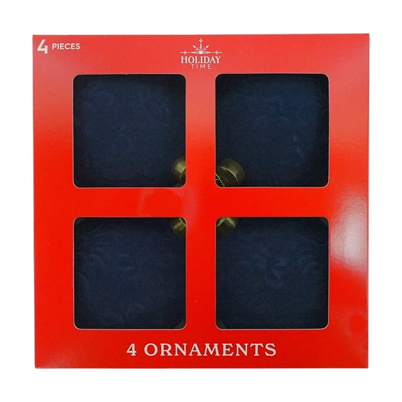 4-Count Dark Blue Velvet-Feel Ball Shatterproof Christmas Ornaments, 3.9", by Holiday Time