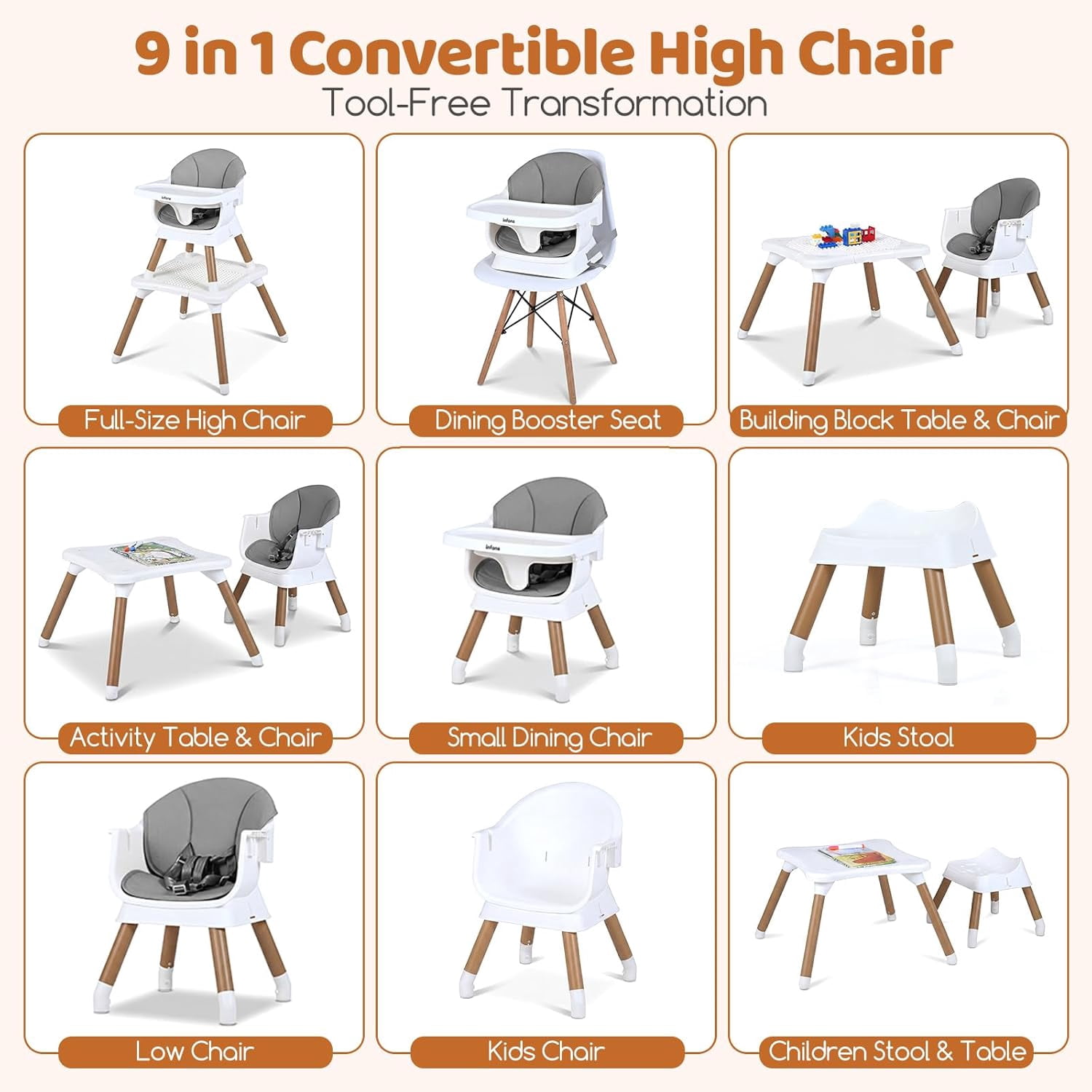 INFANS Baby High Chair, 9 in 1 Convertible Highchair for Babies and Toddlers, Building Block Table Dining Booster Seat Activity Desk Kids Stool with Adjustable Removable Tray