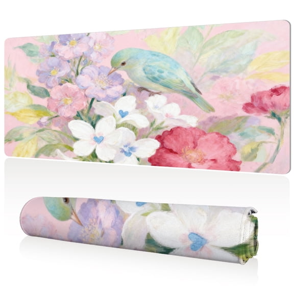 LIVEKEY Mouse Pad Ultra Large 80x40cm Full Desk Coverage with Blue Bird and Floral Art Durable Easy Clean Non Slip Sewn Edges for Gaming and Office