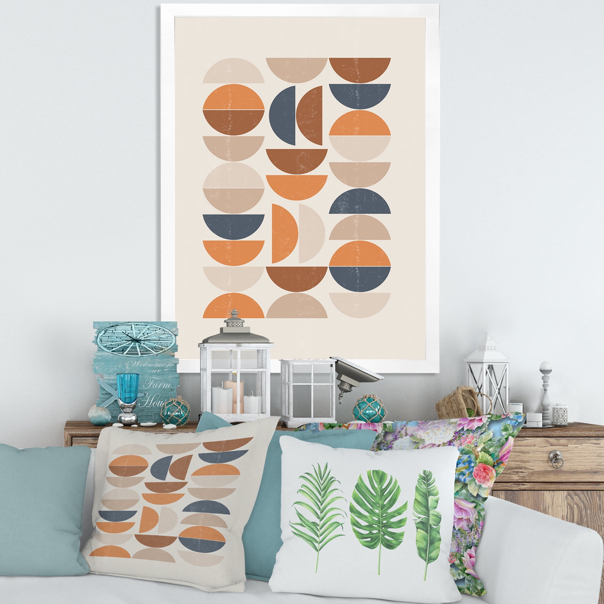 Designart 'Abstract Moon and Sun In Orange and Blue' Modern Framed Art Print