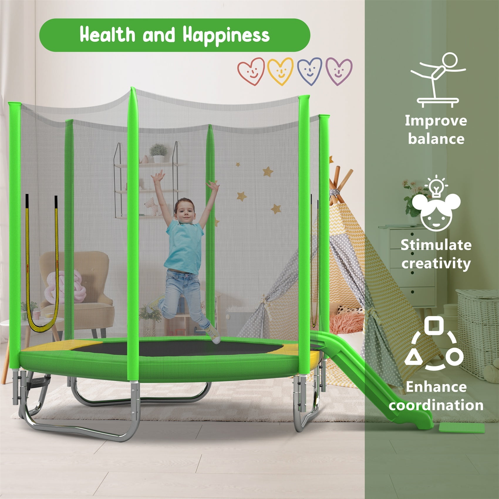 Alvantor 7ft Trampoline with Slide, Hexagon Recreational Trampoline for Kids with Enclosure net and Ladder Green