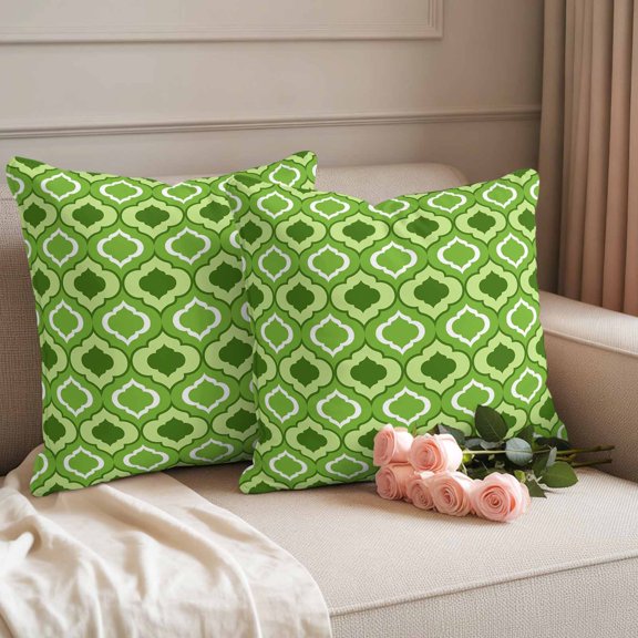 Waterproof Throw Pillow Covers 18x18 Set of 2, Abstract Moroccan Pattern Outdoor Pillowcases with Invisible Zipper, Green Geometric Plaid Decorative Cushion Covers for Patio Garden Sofa Couch Balcony