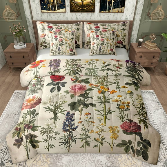 Homewish Countryside Botanical Flower 7-Piece Twin Bedding Sets,Retro Rustic Floral Bedding Comforter Set,Green Brown Sheet Sets For Men Women,Ultra Soft Home Decor Reversible