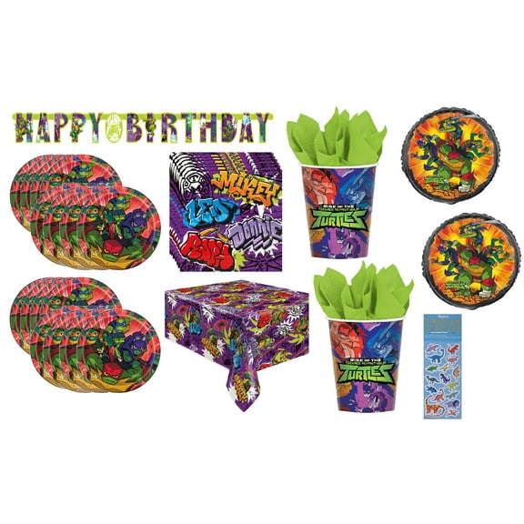 TMNT Teenage Mutant Ninja Turtles Birthday Party Supplies Bundle includes 16 Plates 7", 16 Napkins 6.5", 16 Paper Cups, 1 Table Cover, 1 Birthday Banner, 2 Mylar Foil Balloons,