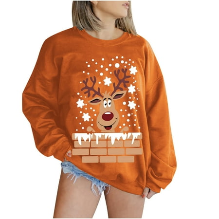 

jsaierl Christmas Sweatshirt Women Long Sleeve Elk Graphic Top Funny Crewneck Sweatshirt Dressy Casual Pullover Christmas Gifts for Women