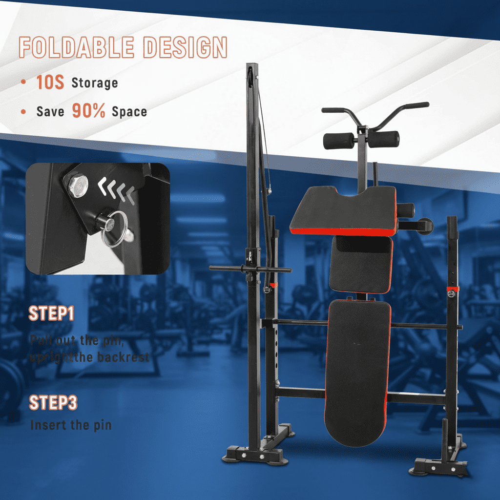 PUATUL 1500 LBS  Adjustable Weight Bench Set with Lat Pulldown, Leg Extension and Leg Curl, Foldable Bench Press Station with Preacher Curl and Squat Rack, Safety Catches Workout Benches for Home Gym