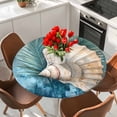 thumbnail image 2 of Shell Palm Leaf Round Fitted Table Cover Ocean Conch Blue Retro Background Waterproof Table Cloth with Elastic Edge Wipeable Tablecloth for Picnic Camping Party Fits 36"-44" Diameter, 2 of 8