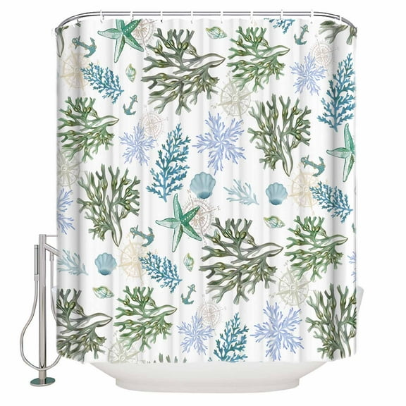 Fabric Shower Curtain, Starfish Nautical Ocean Vintage Coral Conch Shells Green Shower Curtains with 12 Hooks Waterproof Machine Washable Bath Curtains for Bathroom,72 x 96in