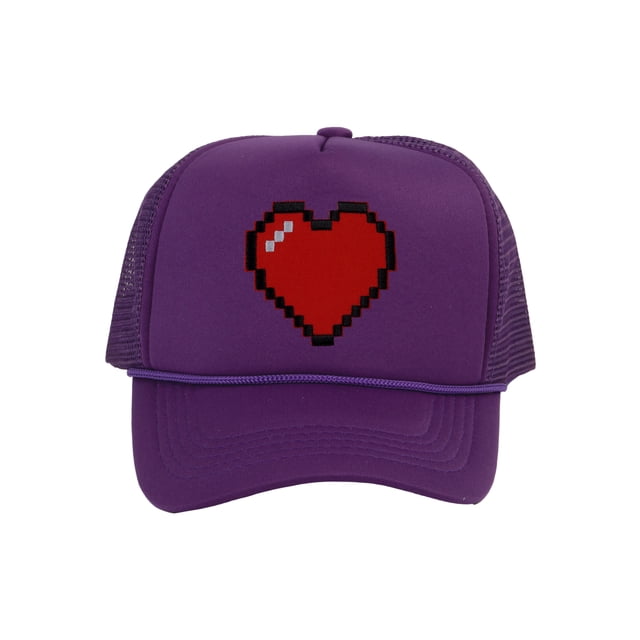 Men's 80's Retro Large 8 Bit Pixelated Heart Gamer Trucker Hat, Purple