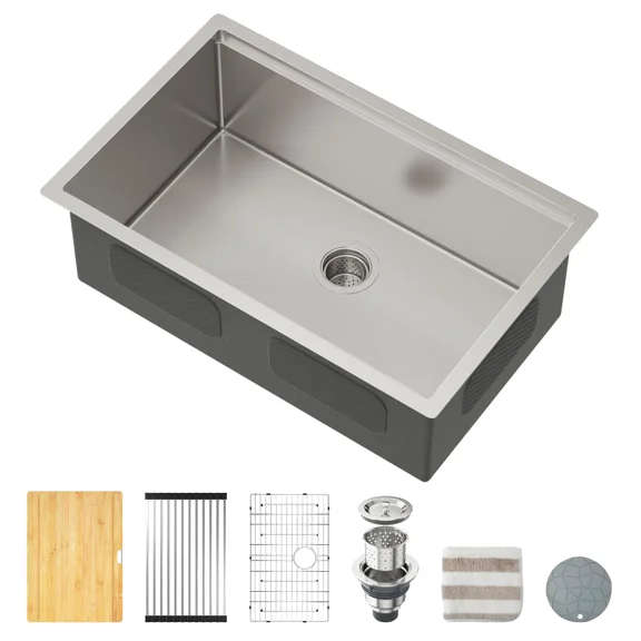 30x19 Inch Undermount Single Bowl Kitchen Sink - 16 Gauge SUS304 Stainless Steel Workstation Ledge