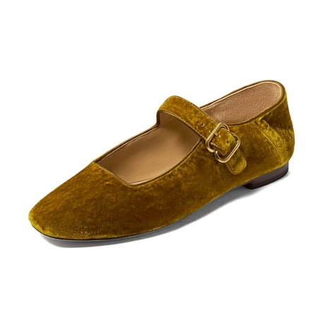 XYD Women Comfy Square Toe Mary Jane Flats Single Strap Buckled Daily Casual Shoes Size 5 Ginger Velvet