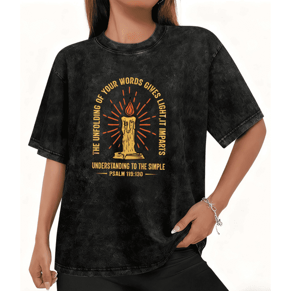 Women's Psalm 119:130 "The Unfolding Of Your Words" Candle-Themed Graphic Washed T Shirt Casual Black S-2XL Plus Size