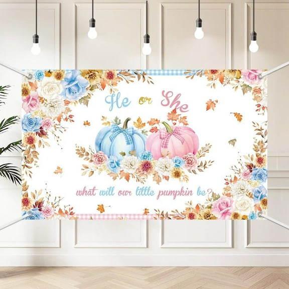 5.9x3.6FT Gender Reveal Baby Shower Backdrop Banner He or She What Will Our Little Pumpkin Be Photography Background Pink and Blue Pumpkin Theme Fall Autumn Party Decorations Banner