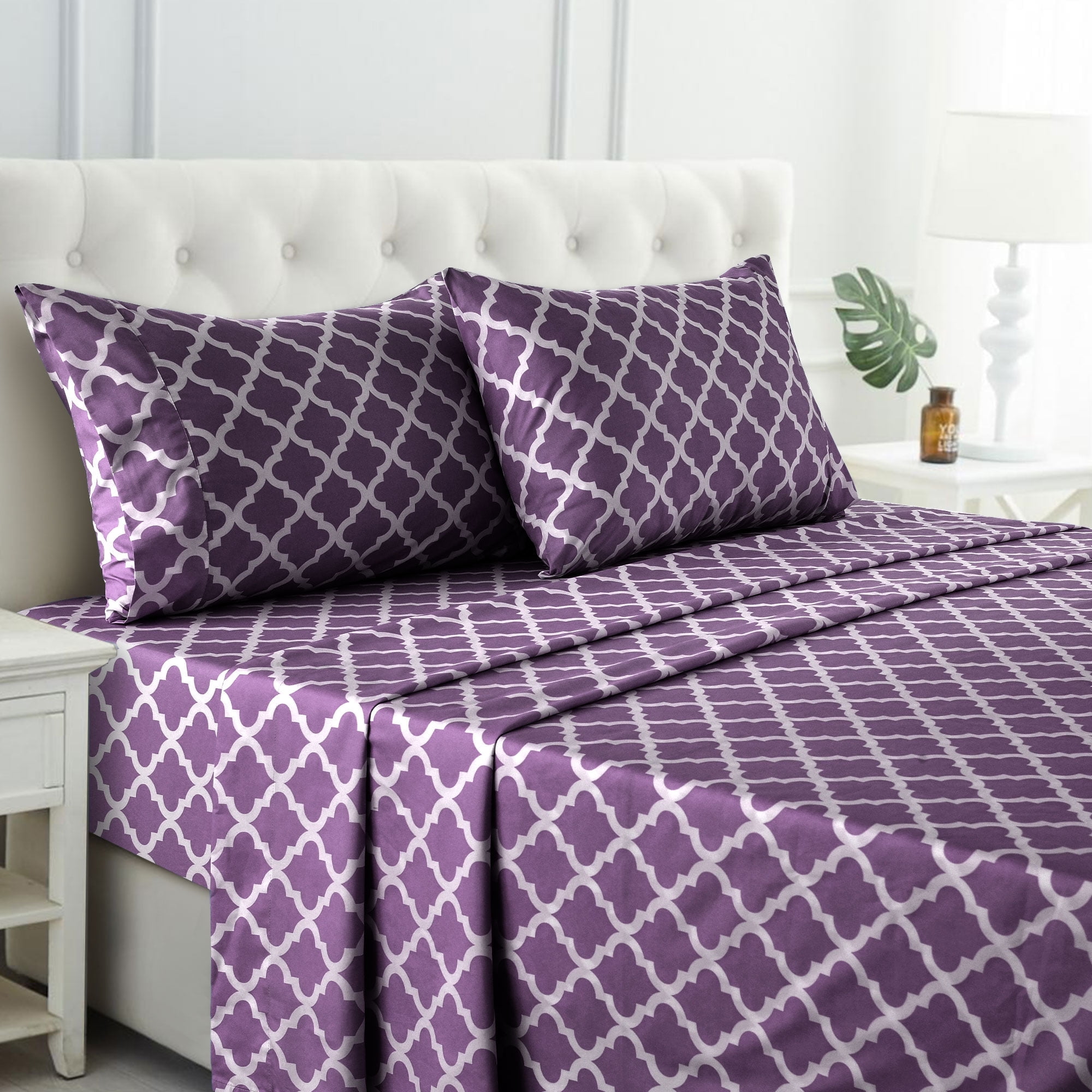 Home Collection Deals Lux Decor King Size Bed Sheets Set 4 Piece - Quatrefoil Pattern, Ultra Soft Sheet Deep Pocket Fit, Wrinkle Free, Breathable & Fade Resistant OEKO-TEX Certified, Purple