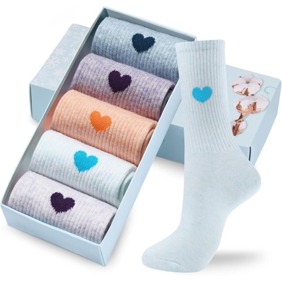 Corlap Women's Cute Cotton Crew Socks - Calf High Dress Socks, Novelty Fun Heart Design 5 Pairs (Gift Box)