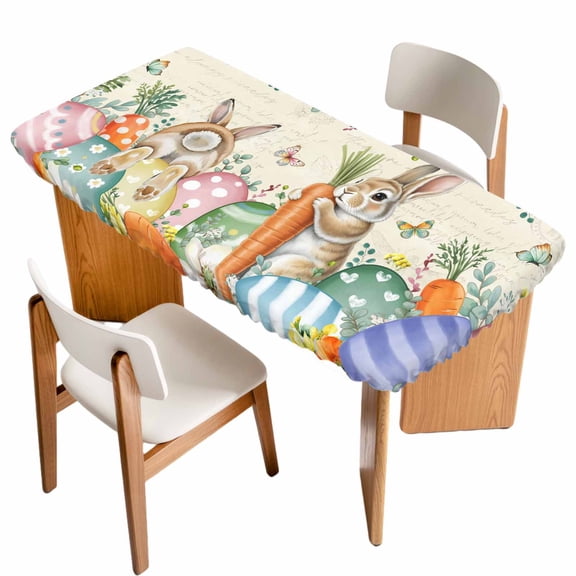Spring Easter Table Cloths for 3 Foot Rectangle Tables, Rabbits Eggs Eucalyptus Branches Flowers Patio Waterproof Elastic Fitted Tablecloths, Washable Rectangular Table Cover for Camping