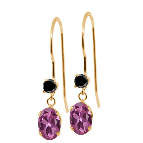 1.13 Ct Oval Pink Tourmaline Black Diamond 14K Yellow Gold Earrings by