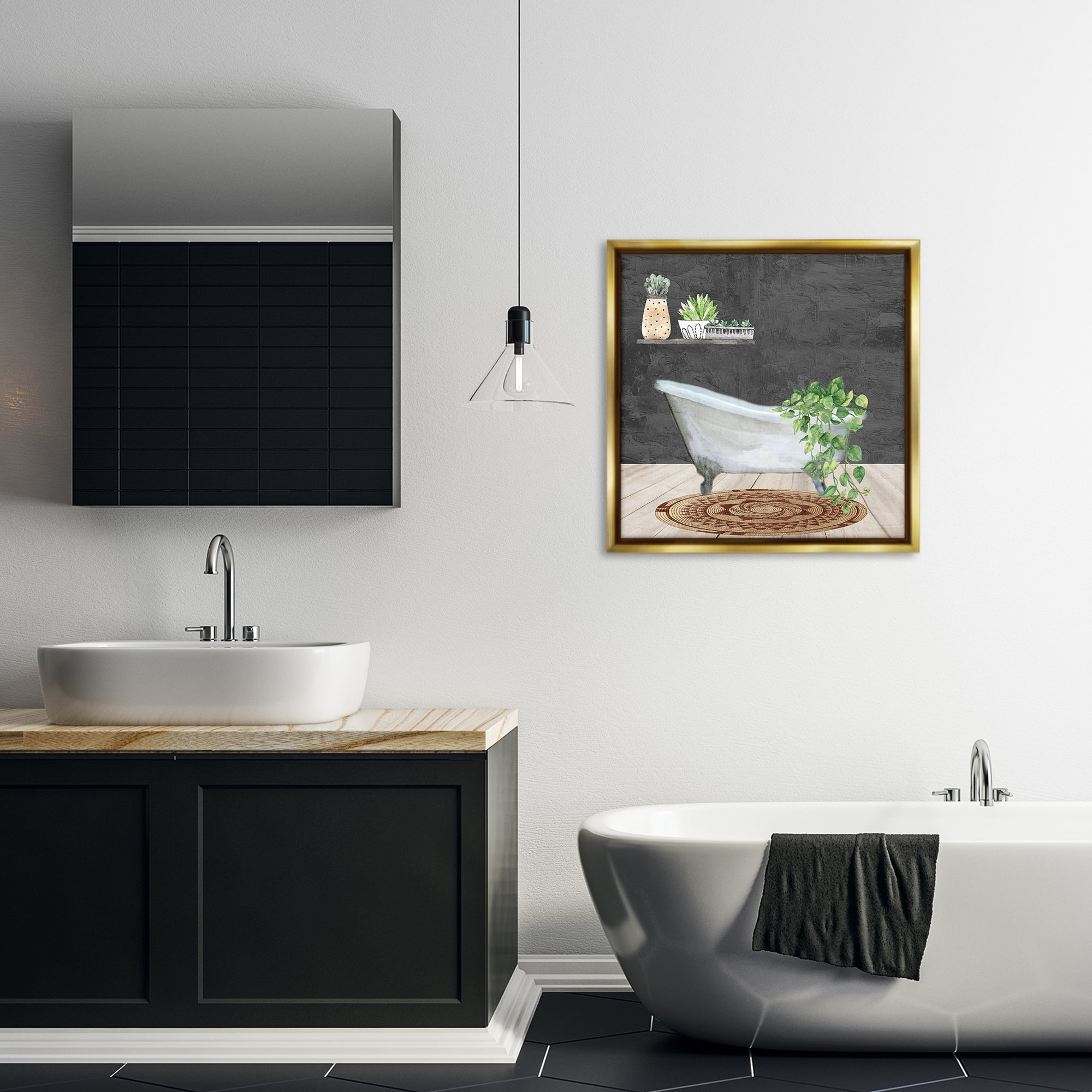 Stupell Industries Botanical Bathtub Scene Bath & Laundry Painting Gold Floater Framed Canvas Art Print Wall Art, 25 x 25