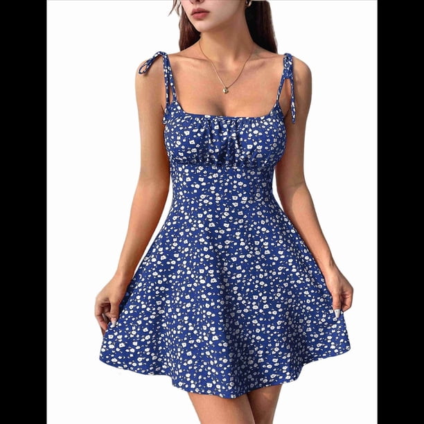 Vestido Bohemio Floral para Mujer, Mono con Tirantes Finos y Fruncido, Azul , Talla S