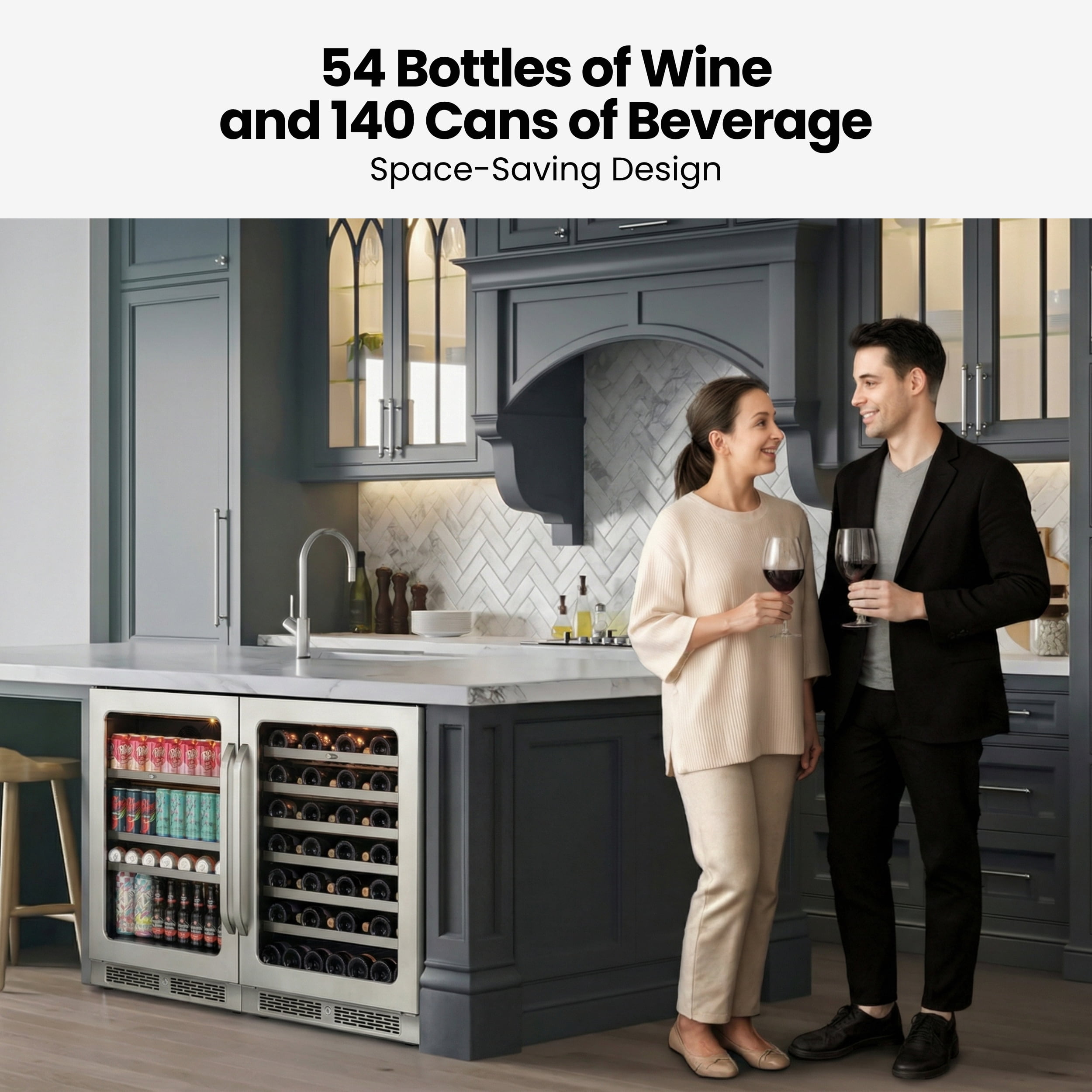 Whynter 48" Wine Cooler and Beverage Refrigerator - 2×24'' Wine Cooler Side by Side - Dual Zone Under Counter Fridge, Hold 140 Cans and 54 Bottles