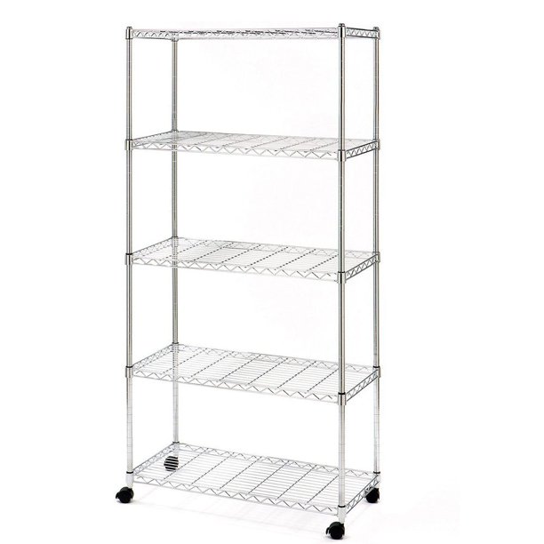 Classic Utility Rack with 5 Tier Wire Shelves and Casters, Chrome