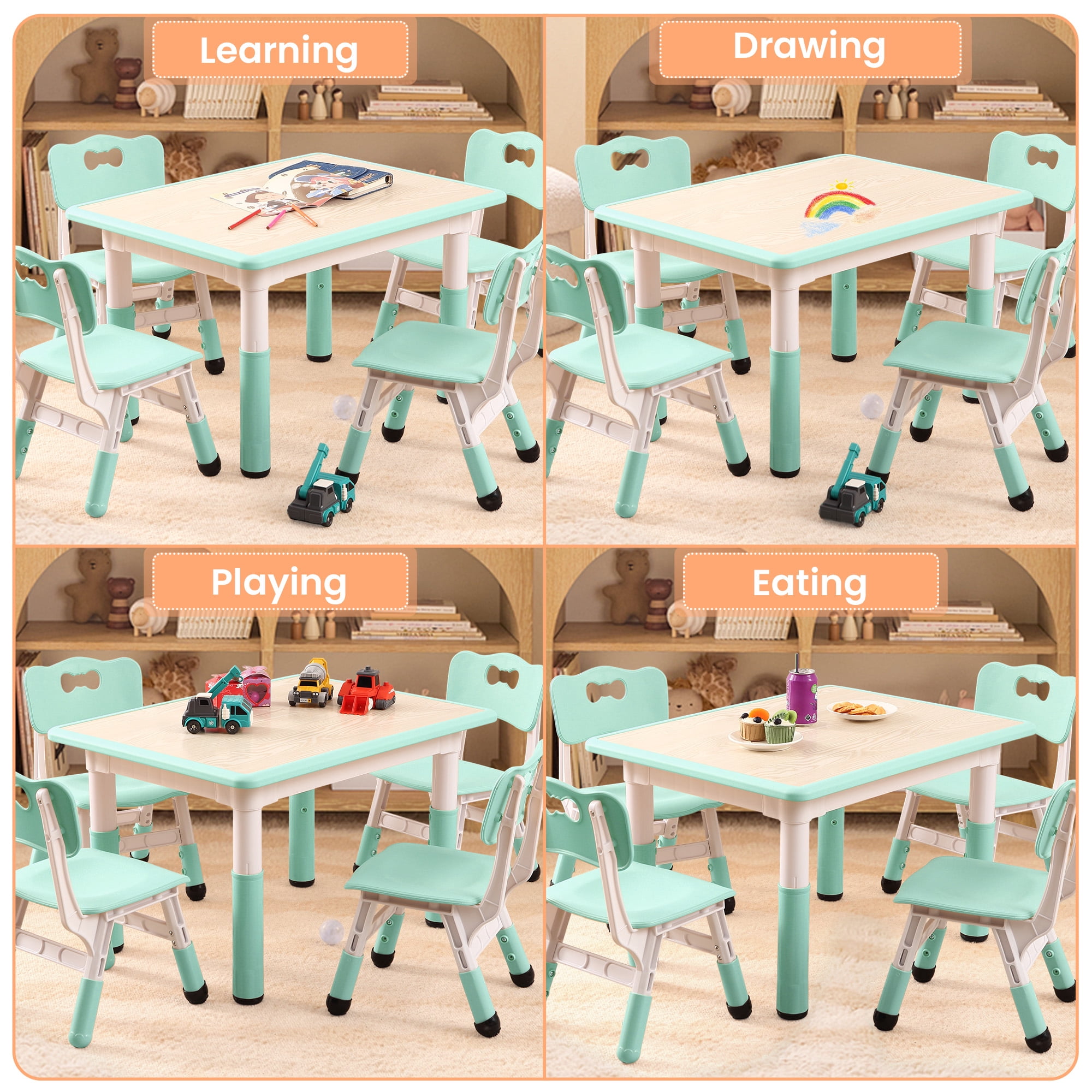 Accreate Kids Table and Chairs Set, 80x60cm Multi-Functional Toddler Furniture for Learning, Play, Arts & Crafts, Easy to Wipe Arts & Crafts Table with 4 Chairs for Classroom/Home