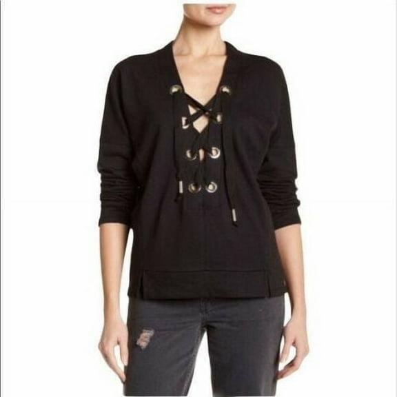 Romeo & Juliet BLACK Women's Grommet Tie- Neck Sweatshirt, S