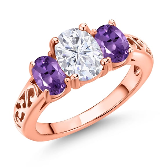Gem Stone King 18K Rose Gold Plated Silver White Moissanite and Purple Amethyst Filigree Style 3 Stone Ring for Women (2.40 Cttw, Oval 8X6MM and 6X4MM) (Size 7)