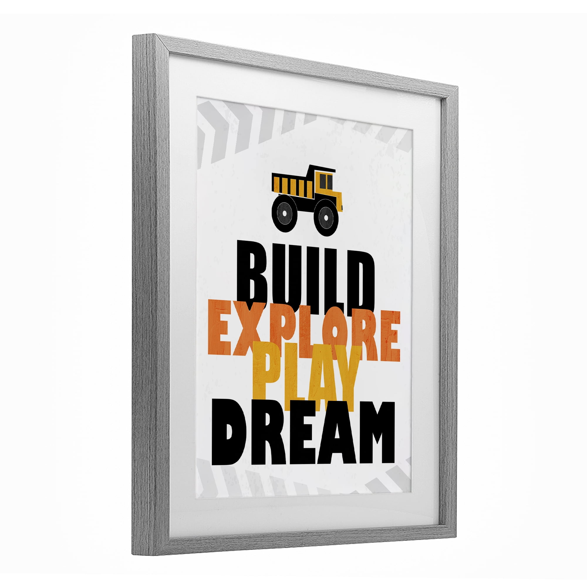 Build Explore Play Dream Gray Framed Print Under Glass, design by Kim Allen