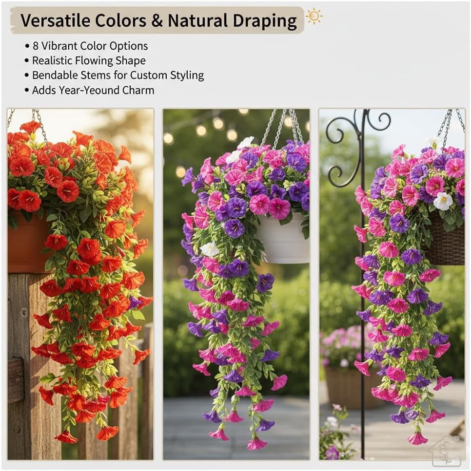 UV Resistant Hanging Artificial Morning Glory Vine, Spring Artificial Flowers for Decoration, Hanging Flowers Silk Petunia, Realistic Faux Flower Plants for Home Porch Patio Garden