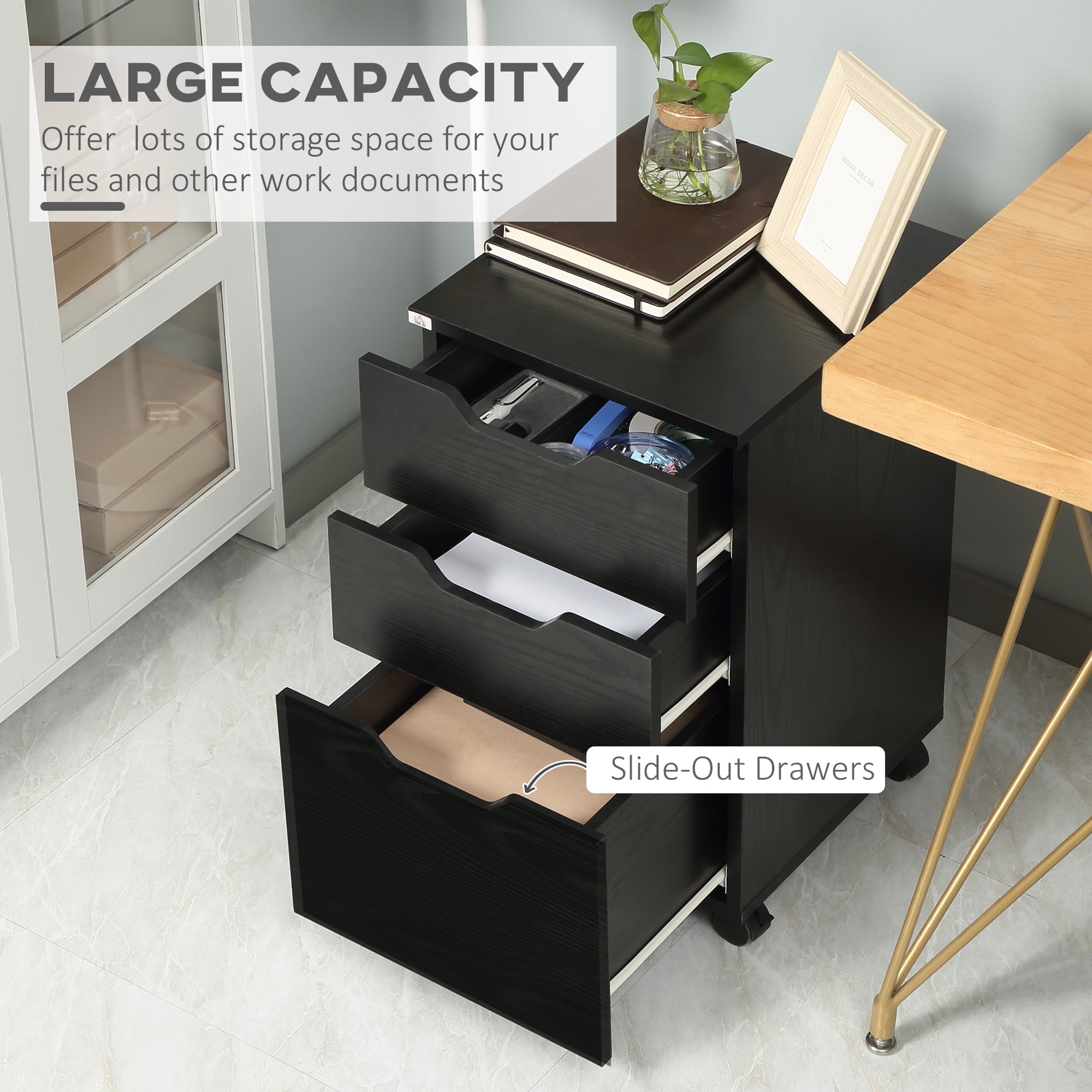 HOMCOM 3 Drawer Office Storage Cabinet, Under Desk Cabinet with Wheels, Black Wood Grain