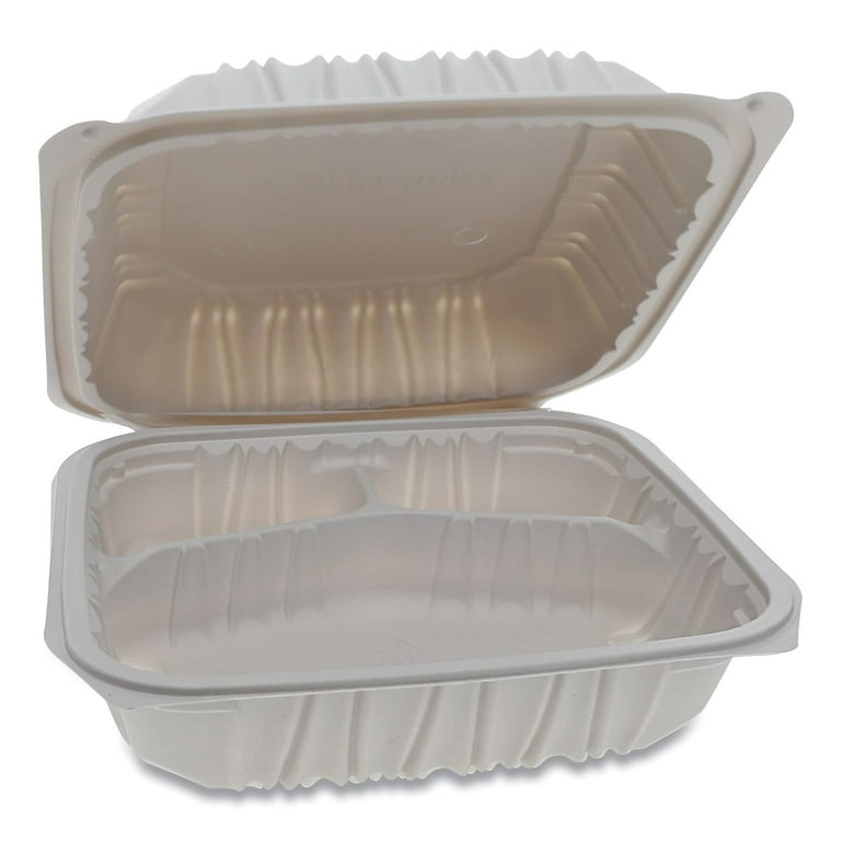EarthChoice Vented Microwavable MFPP Hinged Lid Container, 3-Compartment, 8.5 x 8.5 x 3.1, White, Plastic, 146/Carton EarthChoice Vented Microwavable MFPP Hinged Lid Container, 3-Compartment, 8.5 x 8.5 x 3.1, White, Plastic, 146/Carton