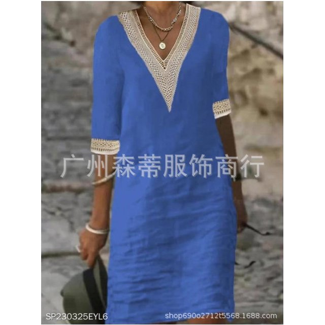 Generic 2025 Women's Clothes Hot-Selling Hot Sale Solid Color and V-neck Medium Sleeve Cotton Linen Casual Dress