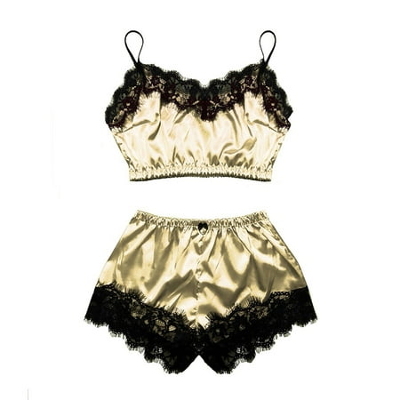 

Uorcsa Plus Size Erotic Sling Sleepwear 2Piece V Neck Fashion Lace Women Temptation Lingerie Sets Yellow